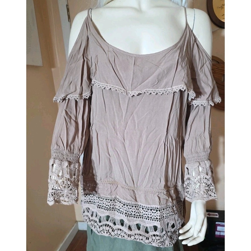 I TOO Y2K Boho Peasant Crochet Lace Off‎ Shoulder Embroidered Top Sz M/L